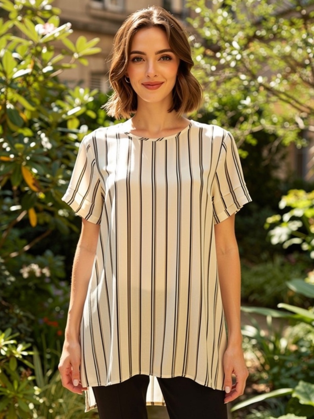 DR2 Cream Black Striped Short Sleeve Split Neck Blouse Size M